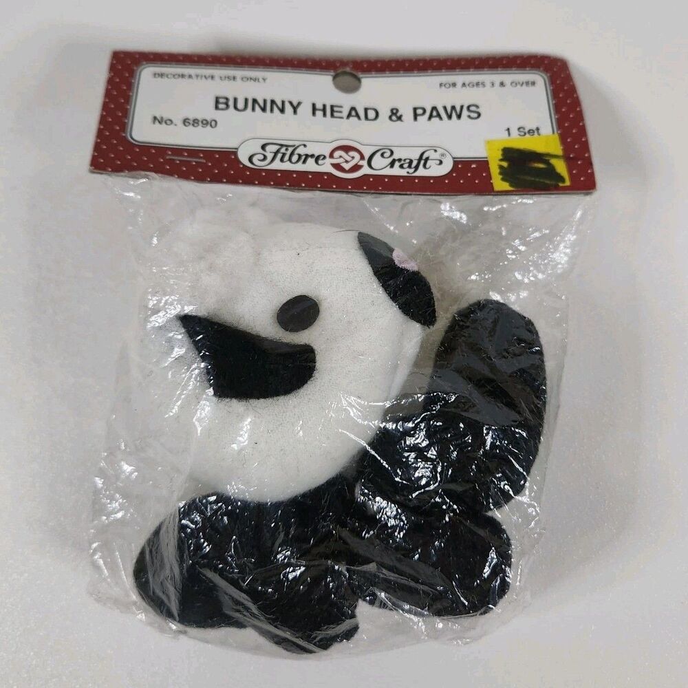 VINTAGE 90s Fibre Craft Black White   Bunny Head & Paws Set #6890 Easter NOS